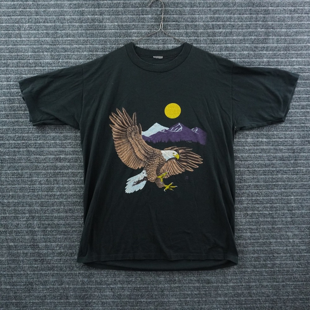 Eagle Graphic T-Shirt Mens L‎ Black Vintage Single Stitch Nature Moon